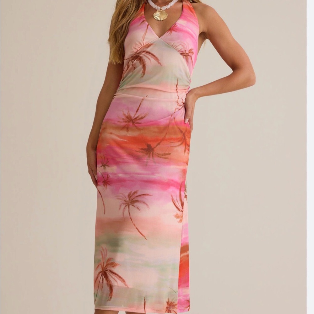 Altar'd State Pink & Coral Palm-Print Halter Midi Dress